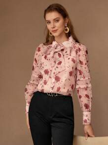 MOTF FLORAL PRINT TIE FRONT BLOUSE, WOMEN SHIRT - Pink - View 4