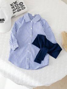 Baby Girl Striped Long Sleeve Dress & Navy Blue Shawl Winter Set - Blue - View 8