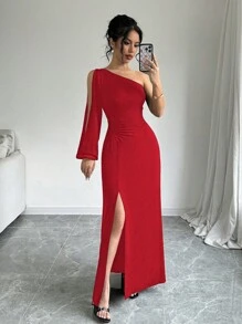 Rafferiza 女式纯色不对称领口开衩镂空长袖连衣裙新年衣服长款女装 - 紅色 - 查看 3