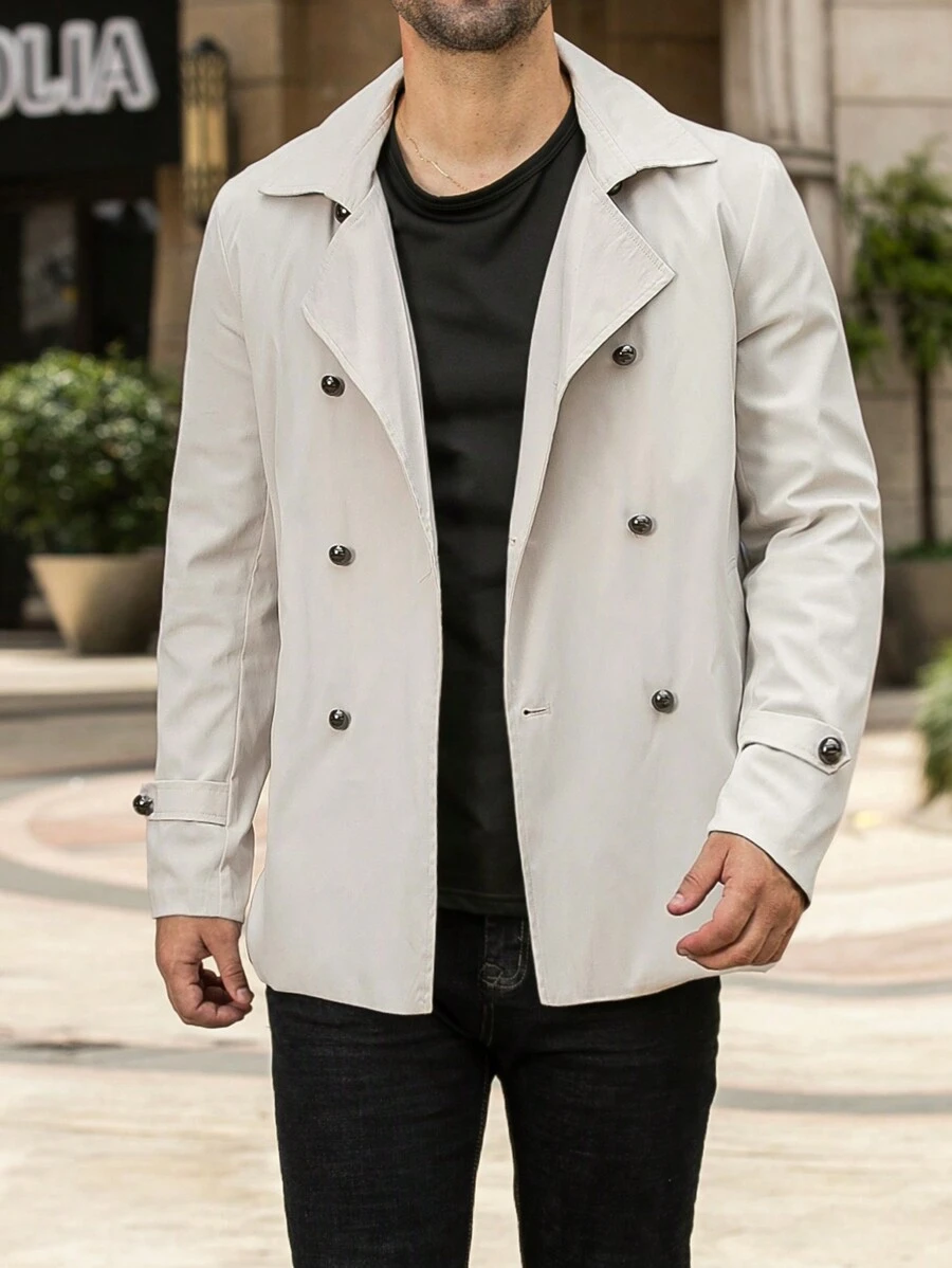 Manfinity Homme Men's Lapel Double-Breasted Long Sleeve Button Design Stylish High-End Trench Coat - Beige - View 1
