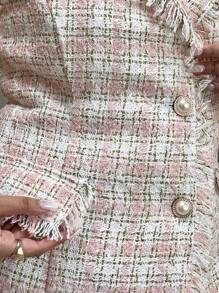 Celure Collarless Sleeveless Buttoned Fringed Colorblocked Blazer, Casual Commuting Party Date Elegant Plus Size Coat - Pink - View 8