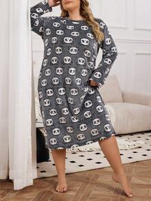 大码女式熊猫毛绒圆领长袖睡袍 - 彩色 - 查看 3