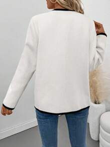 Chiquease Chaqueta tipo cárdigan de botón con bolsillo y ribete de contraste blanco para mujer, otoño - Blanco - Ver 2