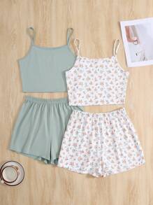 SHEIN Bộ đồ ngủ thường ngày 2 chiếc áo hai dây màu trơn và quần short họa tiết hoa nhỏ xinh cho bé gái tuổi teen - Màu xanh Bạc hà - Xem 1