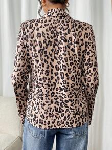SHEIN Frenchy 领口前系带长袖豹纹衬衫，休闲日常穿着 - 彩色 - 查看 2
