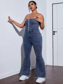 SHEIN ICON Plus Size Summer Casual Frayed Flare Denim Jumpsuit