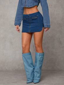 SHEIN BAE Women's Denim Mini Skirt, Sexy Low-Waist Bodycon, Blue - Dark Wash - View 5