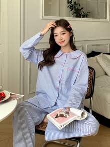DAZY Bộ đồ ngủ áo sơ mi sọc tay dài cài nút phía trước, túi màu tương phản và quần dài, quần áo mùa thu - Màu xanh lam - Xem 8