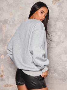 Glamine Casual Simple Thermal Lined Warm Letter Print Grey Crew Neck Pullover Sweatshirt For Women, Winter  Fall Outfit - Grey - View 3