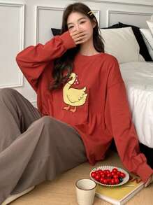 DAZY Cute Animal Pattern Embroidered Loose Lounge Set, Cozy Outfits, Fall Winter Clothes - Red - View 6