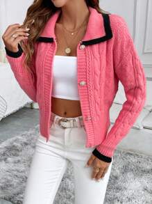SHEIN LUNE Women Contrast Trim Front Button Long Sleeve Knitted Cardigan