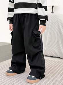 SHEIN 1pc Young Boy Casual Oversized Sweatpants With Pockets, Black Straight Leg Pants For Everyday Wear, Back To School, Fall - Black - View 1