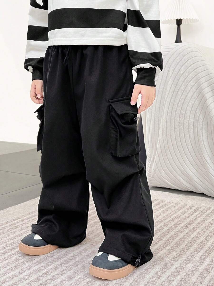 SHEIN 1pc Young Boy Casual Oversized Sweatpants With Pockets, Black Straight Leg Pants For Everyday Wear, Back To School, Fall - Black - View 1