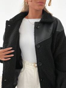 EURMUSE Buckle Quality, Faux Leather Trim Detailed Zip Through Coat - Black - View 5