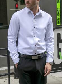 Manfinity Mode Men Contrast Trim Button Up Shirt, Men White Dress Shirt, Formal Shirts For Men, Business Casual Shirts - White - View 4