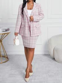 SHEIN Lady Autumn And Winter Elegant Pink Knitted V Neck Long Sleeve New Product Women Two-Piece Outfits Plus Size Fluffy Coats Two Piece Fall Outfits Women Skirt Set Blazer Set