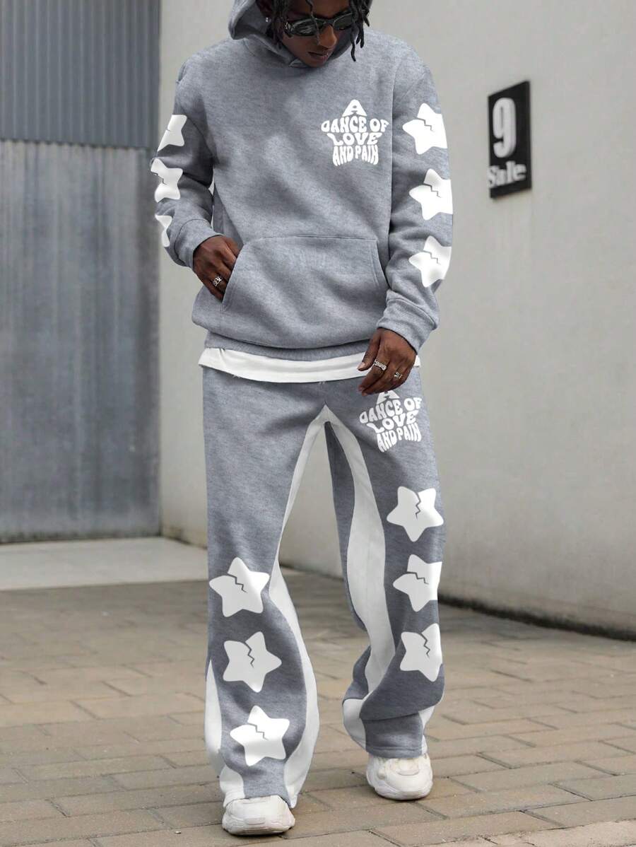 PAVTROS Manfinity Streetrush Men Letter And Pentagram Print Hooded Sweatshirt And Drawstring Long Pants Casual Suit, Fall Clothes - Grey - View 1