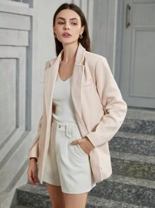 SHEIN Privé Notched Collar Commuting OL Style Versatile Pocketed Drawstring Long Sleeve Jacket, Autumn/Winter Fall Cloth For Women - Apricot - View 5