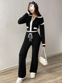 SHEIN Unity Women's Casual Colorblock Patchwork Cardigan And Pants 2-Piece Knitted Suit Set Fall Winter Cloth For Women