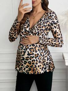 SHEIN Maternity Leopard Print V-Neck Long Sleeve Fashion T-Shirt, Spring/Autumn
