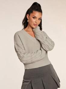 Glamine Suéter casual de unicolor de manga larga con cuello en V para mujer