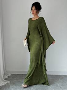 Elenzga Women's Elegant Solid Color Loose Casual Pleated Ruffle Fabric Solid Color Round Neck Batwing Sleeve Dress Maxi Women Outfit - Green - View 4
