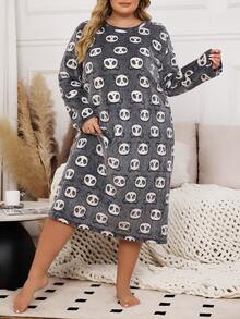 大码女式熊猫毛绒圆领长袖睡袍 - 彩色 - 查看 5