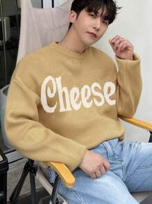 DAZY Men's Letter Print Round Neck Drop Shoulder Casual Knitted Sweater, Autumn - Yellow - View 6