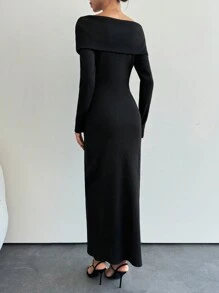 SHEIN Tall Foldover Off Shoulder Sweater Dress For Spring & Autumn - Black - View 2