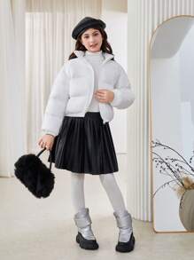 SHEIN Leap Crew Áo khoác đệm ngắn rộng rãi, cổ đứng dệt trơn dày dặn cho bé gái tuổi mới lớn - trắng - Xem 5