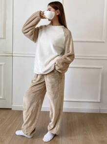DAZY Flannel Thick Colorblock Raglan Sleeve Top & Pants Loose Fluffy Pajamas Set, Thermal Lined, Cozy Outfits Fall,Winter Clothes - Khaki - View 8