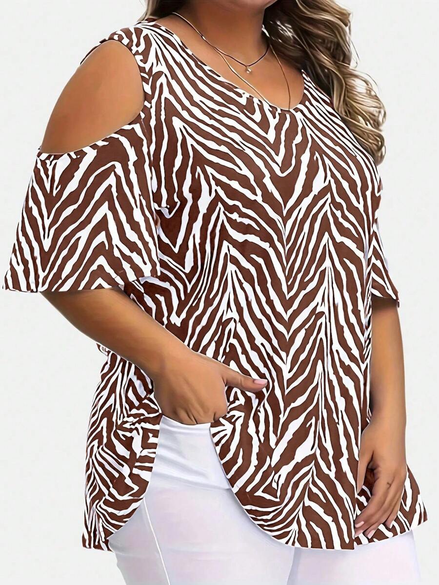 SHEIN LUNE 大码女式斑马纹露肩短袖休闲 T 恤图案 T 恤女式上衣 - 棕色 - 查看 1