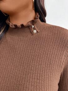 SHEIN Clasi Plus Size Women's Plain Long Sleeve Frill Trim Slim Fit Sweater Fuzzy, Thermal, Teddy, Fleece, Fall Clothes Commute, Minimalist, Office Wear, Old Money, Simple, Super Warm And Soft!