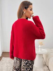 Chiquease Women Red Round Neck Long Sleeve Letter Pattern Sweater, Knit Pullover Fall Winter - Red - View 2