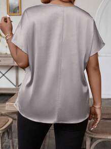 EMERY ROSE Camisa casual sencilla de talla grande, cuello redondo, manga corta, unicolor - Púrpura polvoriento - Ver 2