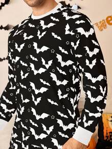 Happy Jammies 2 件男士蝙蝠印花圆领长袖上衣和裤子休闲睡衣套装，万圣节 - 黑與白 - 查看 3