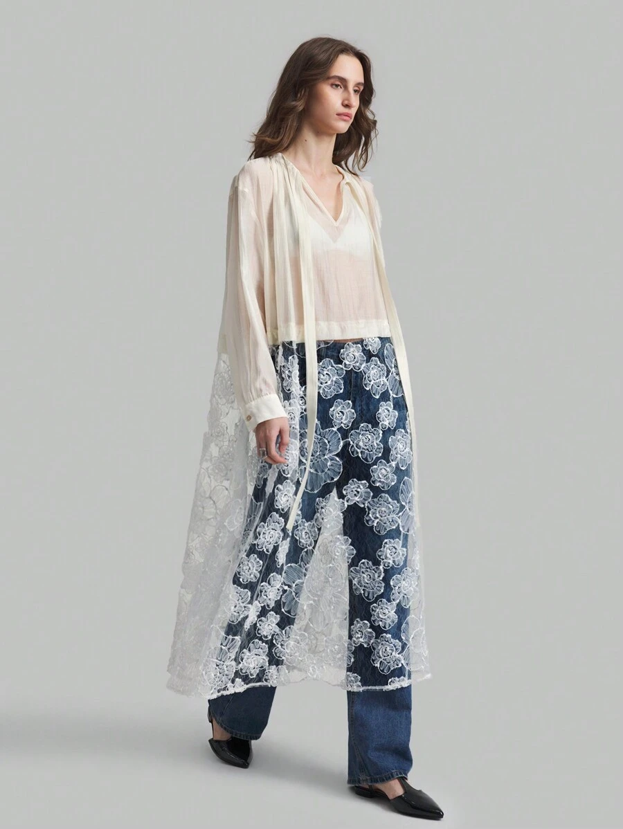 Ontre Blusa de manga larga con diseño minimalista de unicolor y estampado floral para mujer - Albaricoque - Ver 1