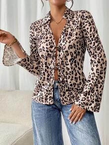 SHEIN Frenchy 领口前系带长袖豹纹衬衫，休闲日常穿着 - 彩色 - 查看 5