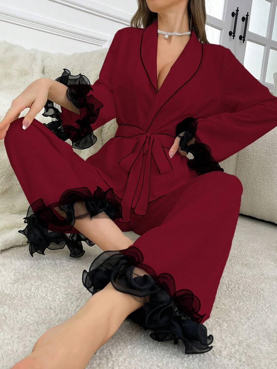 SHEIN Bộ đồ ngủ nữ viền bèo nhún màu tương phản, trang phục thu đông - Màu Đỏ Sâu - Xem 1