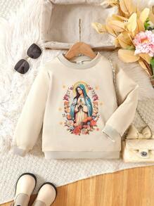 1 buah Sweatshirt Lengan Panjang Kasual Nyaman dengan Motif Bunda Maria untuk Anak Perempuan, Cocok untuk Musim Gugur & Musim Dingin - Aprikot - View 1