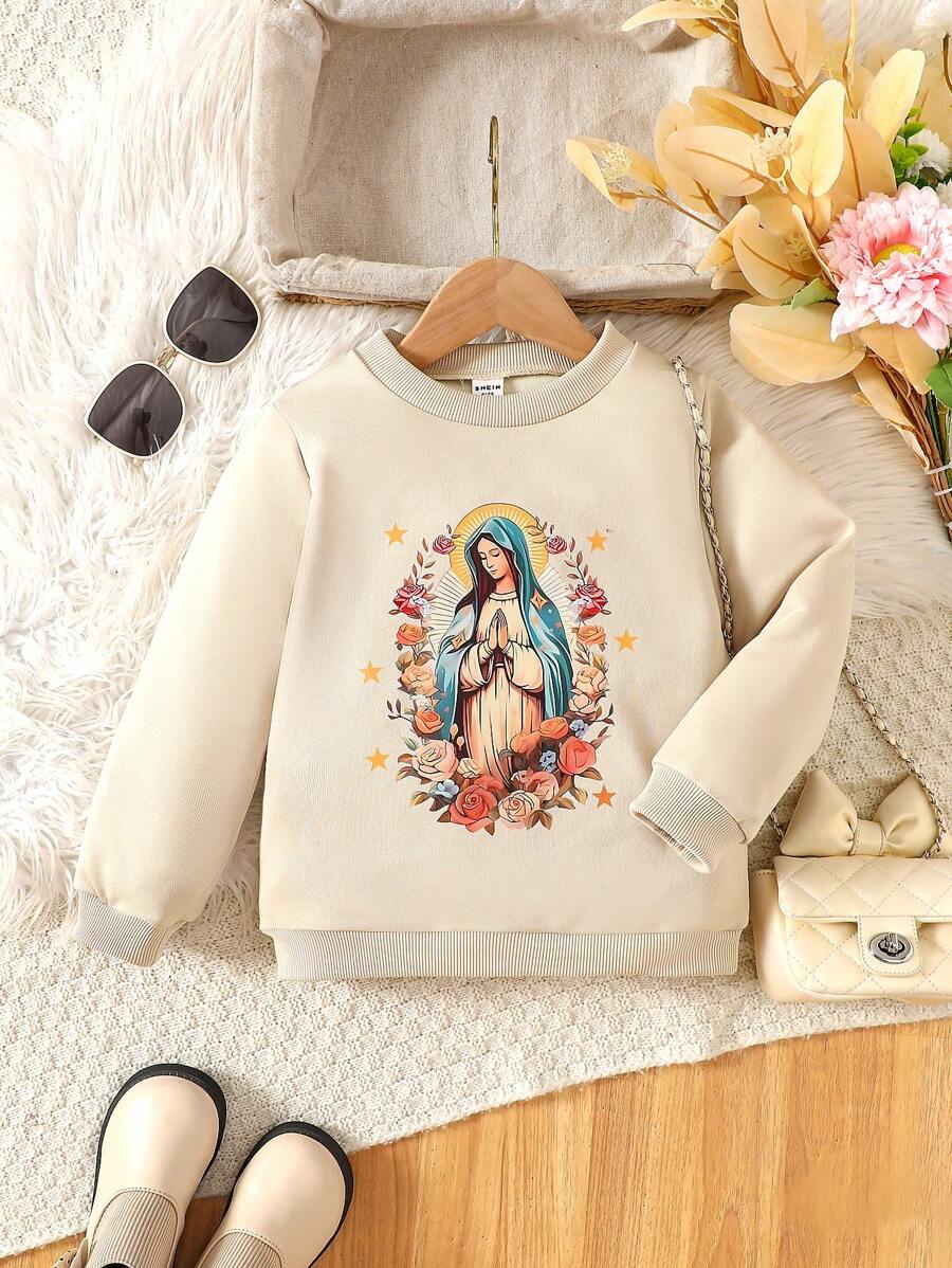 1 buah Sweatshirt Lengan Panjang Kasual Nyaman dengan Motif Bunda Maria untuk Anak Perempuan, Cocok untuk Musim Gugur & Musim Dingin - Aprikot - View 1