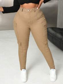 SHEIN SXY Jeans cálidos de talla grande para mujer, de color caqui, ajustados, de estirar, para trabajo