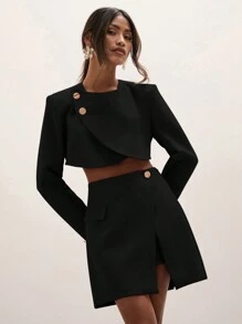 COSMINA Conjunto de 2 piezas para mujer: Top corto con botones de un solo color y minifalda