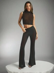 Denimoi Pantalones casuales y sencillos de color liso y talle bajo para mujeres - Negro - Ver 2