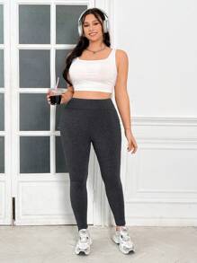 SHEIN EZwear 大码女式纯色高腰口袋紧身休闲紧身裤 - 深灰色 - 查看 3