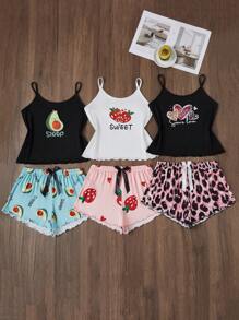 SweetSlumber 3pcs/Set Cartoon Print Camisole & Shorts Pajama Set - Multicolor - View 6