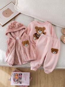 SHEIN 3pcs Baby Girl Cute Fluffy Pink Cartoon Hooded Vest, Sweatshirt And Elastic Waist Pants Set, Autumn/Winter - Pink - View 10
