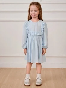 Cozy Pixies Young Girl Solid Color Round Neck Ruffled Lantern Sleeve Waist Cinched Dress - Blue - View 5
