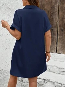 SHEIN LUNE Plus Size Girls Playful Button Down Shirt Dress, For Summer - Navy Blue - View 2