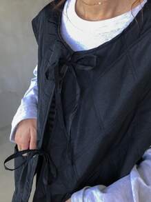 FRIFUL Solid Tie Front Quilted Vest Coat Jacket - Black - View 7